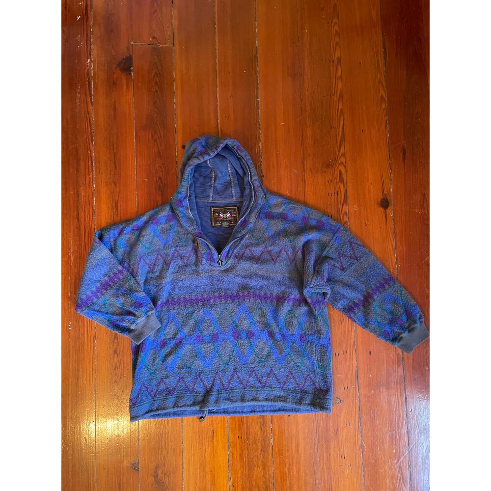 Vintage 90s French Country Express Aztec Fleece Hoodie Quarter Zip Large